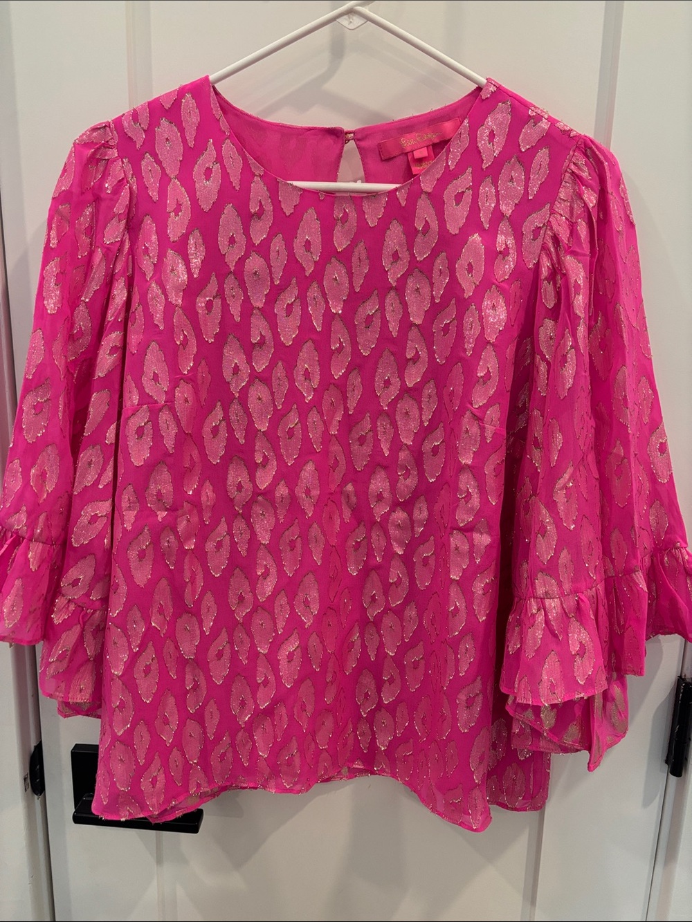 Lilly Pulitzer Hot Pink Metallic-Print Ruffle Bell Sleeve Blouse
